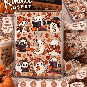 May include: A clear Kindle case insert featuring a repeating pattern of cartoon ghosts with autumn-themed accessories like orange beanies, scarves, pumpkins, books, and falling maple leaves on a light beige background with the Kindle logo centered.