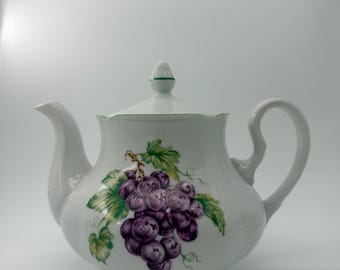 Vintage Bohemia Porcelain Teapot with Purple Grapes & Green Leaves | Carlsbad Czechoslovakia
