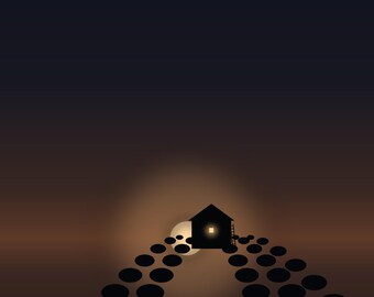 Peut inclure: Une couverture de livre intitulée DEEP ROOTS AN ASHFORD ORCHARD MYSTERY par SHAOOR ABBAS AN ADRIAN COLE MYSTERY, BOOK THREE. L'illustration montre la silhouette sombre d'une maison avec une fenêtre éclairée, sur un ciel au coucher du soleil.