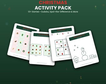 Peut inclure: Un pack d'activités de Noël numérique comprenant quatre feuilles blanches avec des en-têtes verts. Les pages incluent un jeu de mémoire, un puzzle des différences, une grille de sudoku illustrée et un coloriage de bonhomme de neige.