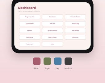 Peut inclure: Un planificateur numérique de grossesse et de bébé affiché sur un écran de tablette avec un tableau de bord présentant des sections pour les informations de grossesse, compte à rebours, suivi de trimestre, rendez-vous, plan de naissance, sac d'hôpital, registre, planification de la chambre, fête prénatale, journal d'alimentation, sommeil, couches, étapes, post-partum et notes. Inclut quatre thèmes de couleur : blush, sauge, ciel et moutarde.