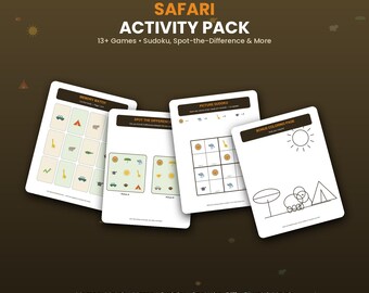 May include: A digital Safari Activity Pack featuring four printable sheets with games including Memory Match, Spot the Difference, Picture Sudoku, and a coloring page. The pages contain safari-themed icons like suns, tents, and animals in a grid layout.