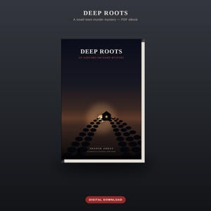 May include: A digital book cover titled Deep Roots, An Ashford Orchard Mystery by Shadoor Abbas, Book Three. The cover features a dark, gradient background with a silhouette of a small house at the end of a path of circular shapes under a moon.