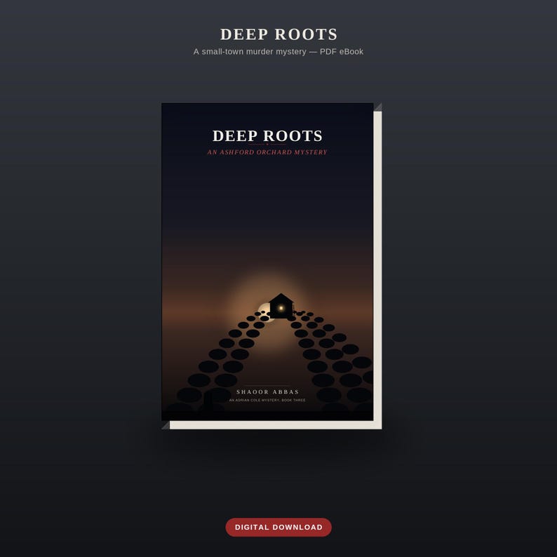 May include: A digital book cover titled Deep Roots, An Ashford Orchard Mystery by Shadoor Abbas, Book Three. The cover features a dark, gradient background with a silhouette of a small house at the end of a path of circular shapes under a moon.