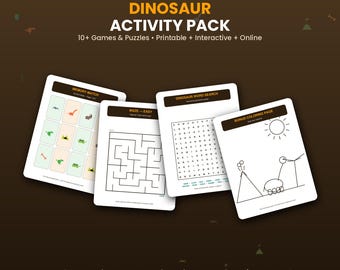 Peut inclure: Un pack d'activités numériques sur les dinosaures comprenant quatre feuilles imprimables : un jeu de mémoire avec des icônes colorées, un labyrinthe, un jeu de mots mêlés et une page de coloriage avec un soleil et un volcan. Texte : Dinosaur Activity Pack.