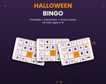 Peut inclure: Jeu de Bingo d'Halloween comprenant trois cartes à grille avec des icônes de fantômes, citrouilles, chauves-souris et araignées. Le texte indique : INSTANT DOWNLOAD, HALLOWEEN BINGO, Printable + Interactive + Online Game for Kids Ages 5-8.
