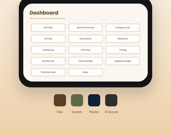 Peut inclure: Un planificateur numérique de soins pour animaux affiché sur un écran de tablette avec un tableau de bord présentant des sections pour le profil, les visites vétérinaires, l'alimentation, le toilettage et le dressage. Quatre nuances sont incluses.