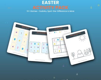 Peut inclure: Un pack d'activités de Pâques comprenant quatre feuilles imprimables avec des jeux comme le memory, le jeu des différences, le sudoku en images et un coloriage. Le texte indique Easter Activity Pack, 13+ Games, Sudoku, Spot-the-Difference & More.