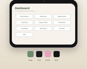 Peut inclure: Un planificateur numérique de fitness et d'entraînement affiché sur un écran de tablette. Le tableau de bord présente des tuiles cliquables pour le suivi annuel, mensuel, hebdomadaire, les exercices, les progrès, les repas, les objectifs, les habitudes, la motivation et les notes. Inclut quatre thèmes de couleur : sauge, sombre, pastel et noir et blanc.