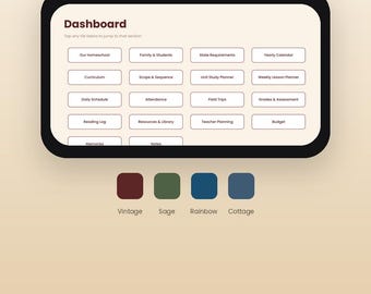 Peut inclure: Un planificateur numérique pour l'école à la maison affiché sur une tablette avec un tableau de bord comprenant des sections comme Our Homeschool, Curriculum et Attendance. Quatre échantillons de couleurs sont étiquetés Vintage, Sage, Rainbow, Cottage.