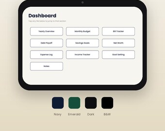 Peut inclure: Un planificateur numérique de budget et de finances pour iPad et GoodNotes présentant un tableau de bord avec des tuiles cliquables pour le suivi annuel, mensuel, des factures, dettes, épargnes, valeur nette, dépenses, revenus, objectifs et notes.