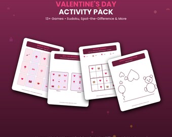 Peut inclure: Un pack d'activités pour la Saint-Valentin comprenant plus de 13 jeux, dont un memory, un sudoku en images, un jeu des différences et une page de coloriage. Les feuilles imprimables présentent des graphismes roses et blancs avec des cœurs.