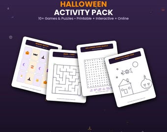 Peut inclure: Un pack d'activités d'Halloween composé de quatre feuilles imprimables blanches avec des en-têtes violet foncé. Les feuilles incluent un jeu de mémoire, un labyrinthe facile, une recherche de mots et un coloriage avec une maison, une chauve-souris et une citrouille.