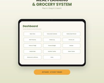 May include: A digital planner displayed on a tablet screen titled Meal Planning & Grocery System. The dashboard features tiles for Meal Vision, Yearly Meal Calendar, Weekly Meal Planner, Meal Prep Day, Freezer Log, Grocery List, Pantry & Fridge, Grocery Budget, Recipes, Recipe Index, Nutrition Tracker, Water Tracker, Restaurant & Leftovers, and Notes. An orange button below reads 45 Pages 4 Foody Themes.
