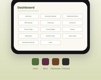Peut inclure: Un planificateur numérique pour la gestion des repas et des courses affiché sur un écran de tablette. Le tableau de bord présente des boutons pour la vision des repas, les calendriers, les listes de courses, les recettes et les suivis. Quatre thèmes de couleurs sont inclus : Citrus, Berry, Farmhouse et Charcoal.