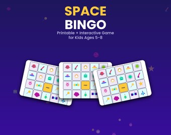 Peut inclure: Jeu de bingo spatial imprimable et interactif pour enfants de 5 à 8 ans. L'ensemble comprend 8 cartes de bingo et 24 cartes d'appel au format PDF, compatibles avec les tailles US Letter et A4. Les cartes présentent des icônes spatiales colorées.