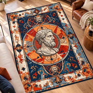 Könnte beinhalten: Ein rechteckiger Teppich mit einem zentralen kreisförmigen Medaillon, das das Profilbüste eines bärtigen Mannes in Weiß zeigt. Das Design enthält Buntglas-Muster in tiefem Blau, Orange und Creme mit verzierten Schnörkelrändern.