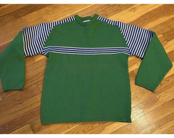 Jersey de lana vintage para esquí, con rayas verdes y azules, de punto grueso, estilo retro para después de esquiar.