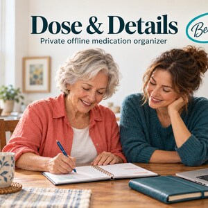 May include: A Dose & Details private offline medication organiser, which is a spiral-bound planner. The cover features the text Dose & Details and the Beslyfe logo. The planner is open on a wooden table next to a blue pen, a laptop, and a mug.