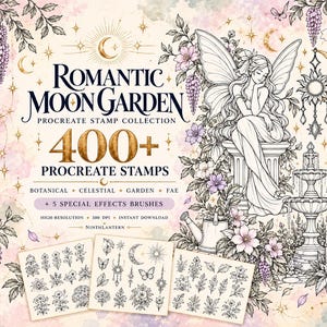 May include: A digital art collection titled Romantic Moon Garden Procreate Stamp Collection featuring over 400 stamps and 5 special effects brushes. The graphic displays a winged figure, a fountain, flowers, and celestial motifs in black line art.