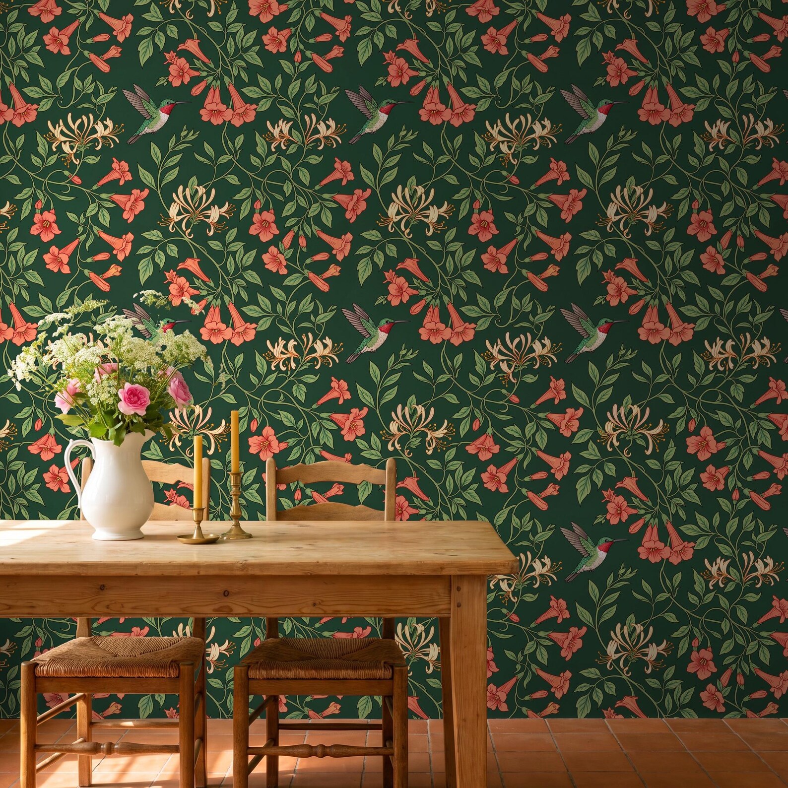 Stickman Humming Hummingbird Wallpaper Peel and Stick, Coral Trumpet Vine and ...