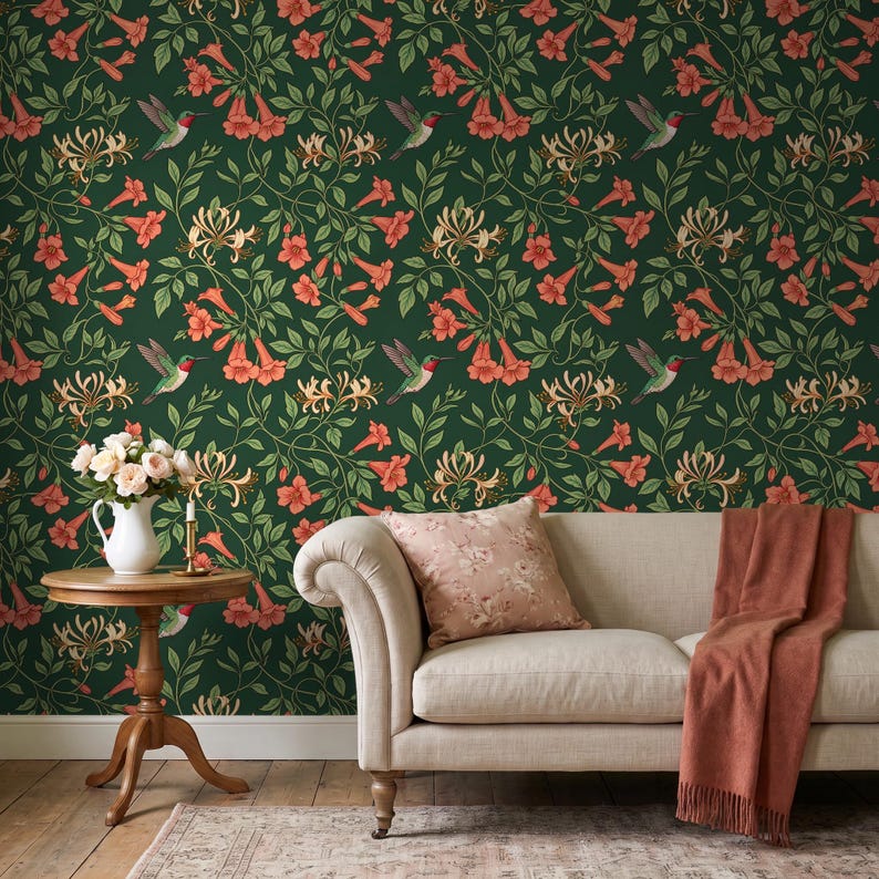 Stickman Humming Hummingbird Wallpaper Peel and Stick, Coral Trumpet Vine and ...