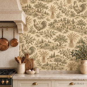 May include: Wallpaper featuring a repeating pattern of roosters, olive branches, wheat sheaves, and stone farmhouses in dark brown ink on a cream background. The text ARCELLA MURALS is printed in the bottom right corner of the image.