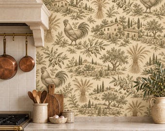 French Country Rooster Wallpaper, Rustic Olive Grove Toile in Cream