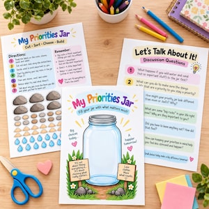 May include: Three educational activity sheets titled My Priorities Jar and Let's Talk About It. The sheets feature a large illustrated glass jar, cut-out shapes of rocks, sand, and water, and printed instructions and discussion questions in colorful text.