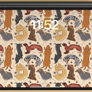May include: A digital phone and tablet screen display a pattern of cartoon dachshunds in various colors and poses. The time is 11:52 on both screens.