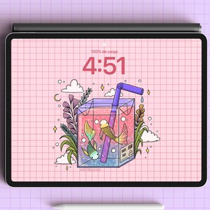 May include: A smartphone and tablet display a pink grid background with a cartoon illustration of a fish tank with fish, plants, and a straw. The time 4:51 is displayed on both screens. A white stylus is below the tablet.