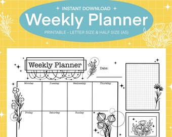 Weekly Planner Printable - Floral Weekly Schedule - Weekly Organizer - Cute Planner - Coloring Page - A5/Letter