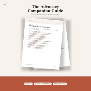 Könnte beinhalten: Ein mehrseitiges Dokument mit dem Titel The Advocacy Companion Guide, das eine Entscheidungsleitfaden-Seite mit der Überschrift Which page do I need right now? sowie eine Liste häufiger schulischer Meeting-Szenarien enthält.