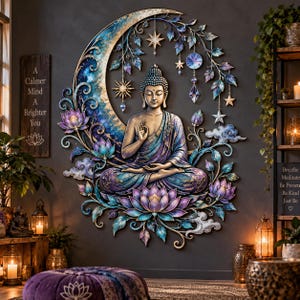 Puede incluir: Una pieza de arte mural que muestra una figura de Buda en pose meditativa, rodeada por una gran luna creciente, flores de loto y adornos de estrellas colgantes. El diseño incorpora tonos azules, morados y dorados con follaje detallado.