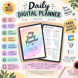 Könnte beinhalten: Ein digitaler Planer auf zwei Tablets mit einem Regenbogen-Aquarell-Cover mit dem Titel My Daily Planner und einer Innenseite mit Tageszielen, Aufgabenlisten und Gewohnheits-Trackern. Enthält einen Eingabestift und Text zu 500+ Seiten.
