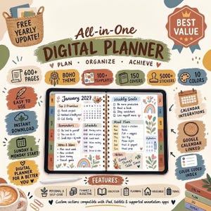 Allt-i-ett digital livsplanerare, hyperlänkad iPad-organisatör (2027)