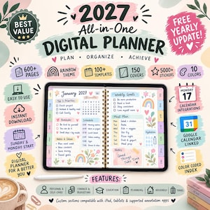 May include: A 2027 digital planner displayed on a tablet screen, featuring a rainbow theme with 600+ pages, 100+ templates, 150 covers, 5000+ stickers, and 10 colours. The interface includes calendar integrations, Google Calendar links, and a colour-coded index.