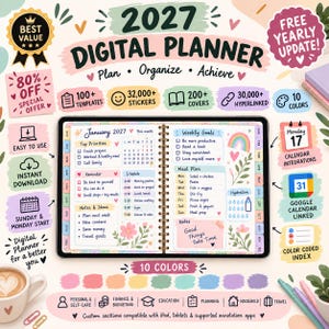 May include: A 2027 digital planner displayed on a tablet screen, featuring a monthly calendar, weekly goals, meal plan, and notes sections. The interface includes colorful icons, floral illustrations, and text labels for organization, compatible with tablets and annotation apps.