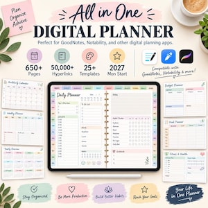 Könnte beinhalten: Ein digitaler All-in-One-Planer auf einem Tablet-Bildschirm mit täglichem Layout, das Abschnitte für Prioritäten, Zeitplan, Mahlzeiten und Gewohnheitsverfolgung enthält. Der Planer umfasst über 650 Seiten, 50.000 Hyperlinks und 25 Vorlagen für 2027.