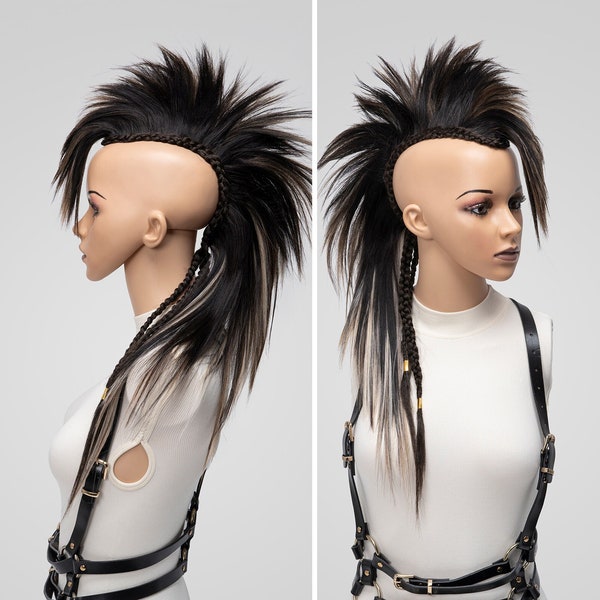 Cyberpunk-Kopfschmuck, Auftrag für Mohawk-Cosplay-Perücken, Drag-Queen-Kostüm-Perücke, Cybergoth-Haare, EDM-Rave-Halloween-Burning-Man-Festival-Outfit