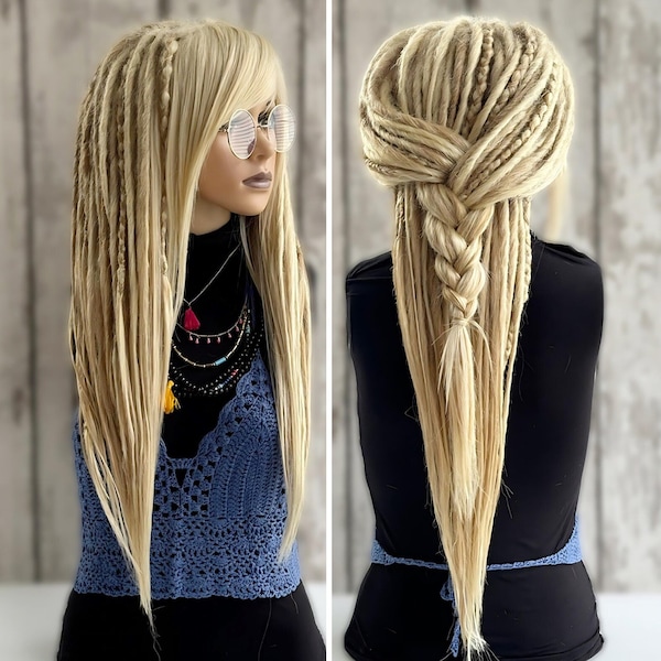 Dread Locks Wig with Blond Full Set Dreadlock, 613 Glueless Long Boho Braids Locs Hairstyle Wig with Bangs Commission for Women Man Alopecia