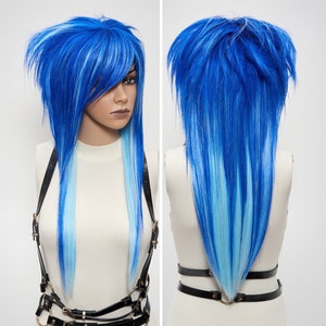 Emo Scene Anime Cosplay Wig Aqua Blue Dark Commission, Straight Long Custom Mullet Wig with Bangs, 80s Drag Styled Costume Chemo Alopecia