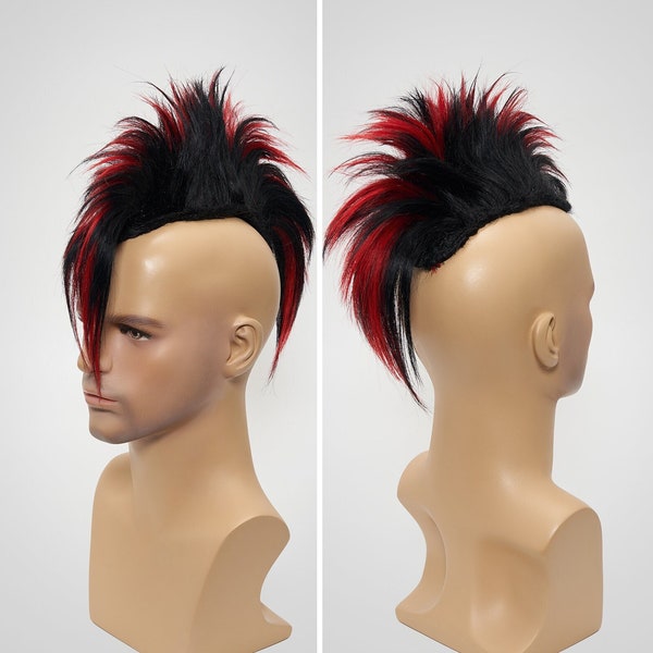 Scene Wig Mohawk Hair Extension Clip in Human Hair Topper in Black Red, Mens Cosplay Halloween Costume Headpiece Alternative Goth Hairstyle