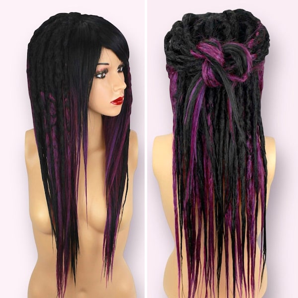 Wig Dread Locs Festival Hair Extensions Ombre Black Purple with Bang Commission, Goth Alternative Hair Braid in Dreadlock Hairstyle Alopecia