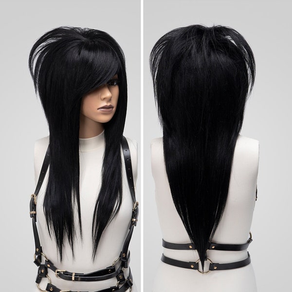 Emo Scene Cosplay Wig Commission, Black Straight Long Wig with Bangs Glueless, Halloween Drag Queen 80s Styled Costume Wigs for White Women