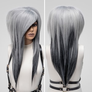 Scene Anime Cosplay Wig Commission, Grey Black and White Straight Long Styled Wig with Bangs Glueless, Emo Halloween Drag Queen Costume Wig
