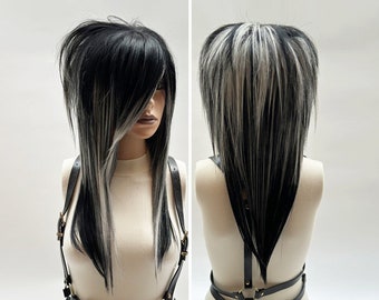 Szene-Perücke im Stil von Bangs EMO Schwarz Weiß, Beehive Straight Long Perücke mit Fransen, ohne Kleber, Anime Horror Cosplay Alternative Goth Halloween Haar