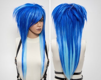 Emo Scene Anime Cosplay Wig Aqua Blue Dark Commission, Straight Long Custom Mullet Wig with Bangs, 80s Drag Styled Costume Chemo Alopecia