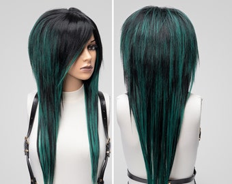 Emo Scene Cosplay Wig Commission, Green Black Custom Long Straight Styled Wig with Bang, Anime Cartoon Alopecia Chemo Halloween Drag Costume