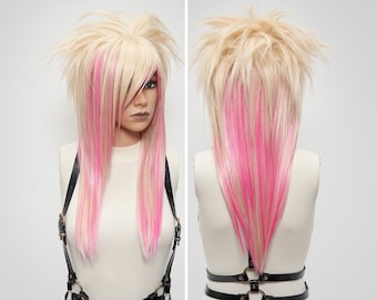 Scene Wig Shag Styled Barbie Cosplay Blond Pastel Pink, Straight Long Spiky Beehive Wig with Bang, Anime Alternative Goth Hair Drag Alopecia